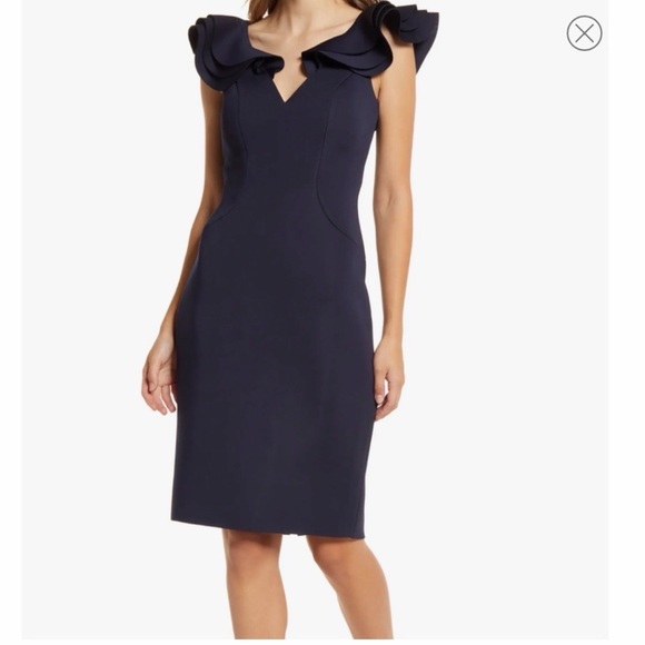 Eliza J Scuba V-Neck Ruffled Cap Sleeve Sheath Dress Navy Size 14